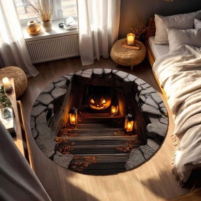 3D Pumpkin Halloween Rug Spooky Welcome Mat Indoor Decor Seasonal Floor Carpet