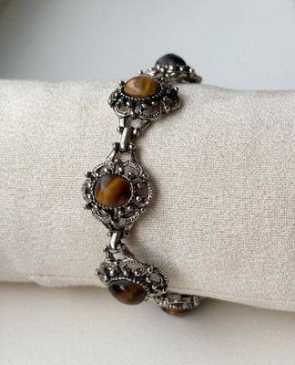 Vintage Tigerauge Panel Armband silberfarben verziert 8 cm 