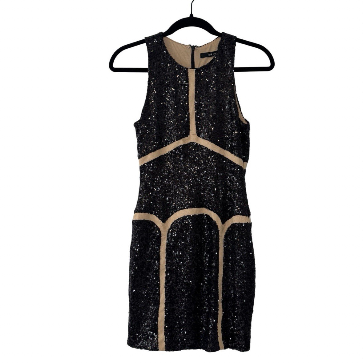 ark & co sequin dress Ark & Co Sequin Bodycon Dress Women's Small Black Tan Stretch 20s Art Decco  NWT