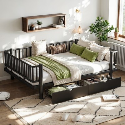 Full Size Metal Platform Bed Frame w/2 Storage Drawers Low Profile Design Black