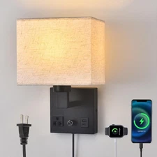 Bedside Wall Lamp for Bedroom, Plug in Wall Sconce - Dimmable Switch with AC ...