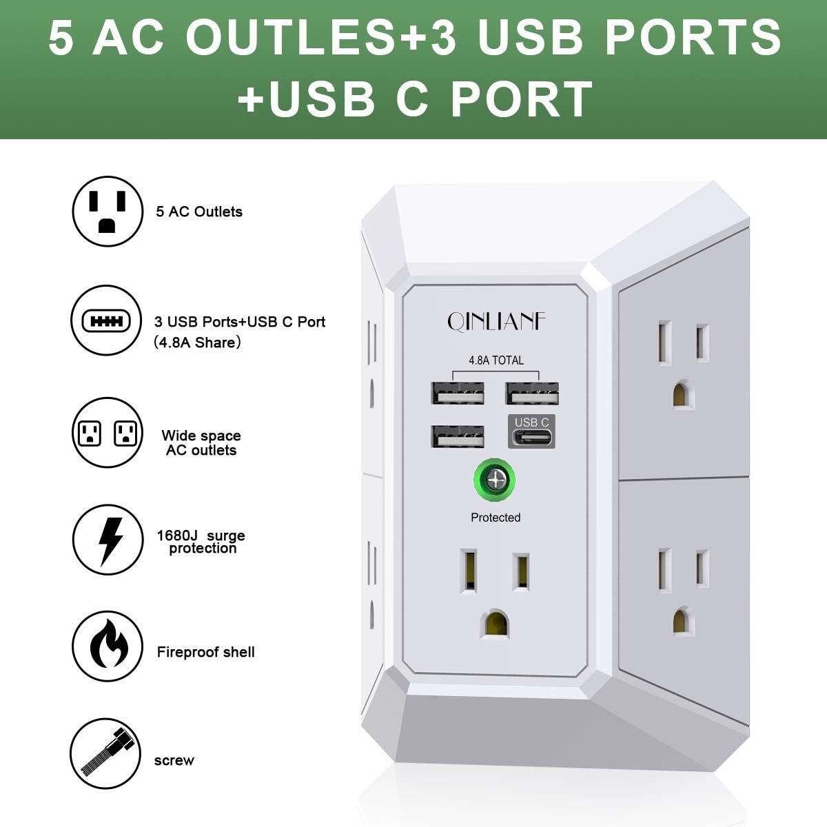 Wall Charger, Surge Protector, QINLIANF 5 Outlet Extender with 4 3U1C, White 