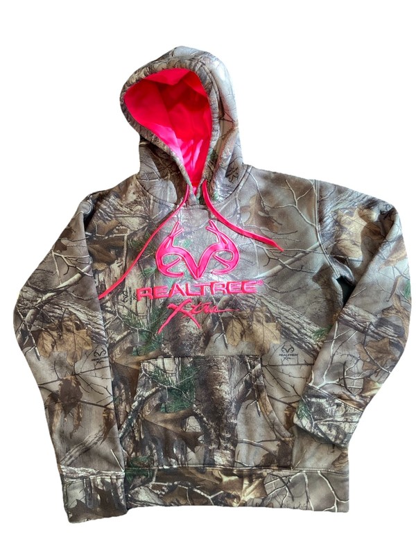 Realtree Xtra Camo Pullover Hoodie Fleece Pink Logo Long Sleeve Girls 14