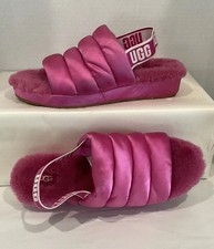 UGG Puff Yeah Women s Sz 10 Hot Pink Satin Sheepskin Slingback Slippers / READ