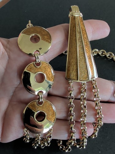 Vintage TRIFARI Copper Brown Enamel Gold Tone Necklace & Earrings Q115 - Afbeelding 10 van 10