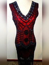 Red Black Beaded Flapper Dress Fringe Gatsby 1920s Art Deco Glam Dark Femme