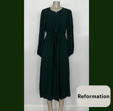 Reformation Green Button Front Belted Midi Dress Crew Neck Long Sleeve