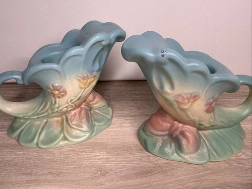 Vintage Hull Pottery Cornucopia Vase Pair Matte Pastel Floral USA