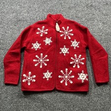 Eminent 100 Boiled Wool Cardigan Sweater Womens Medium Red Snowflakes Christmas
