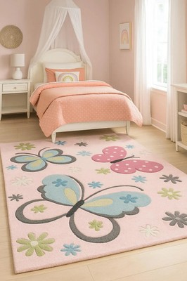 Handgetufteter Wollteppich Schmetterling: Pastell Boho Kinderzimmer Dekor