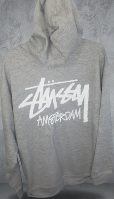 Stussy Amsterdam Gray Graphic Print Full Zip Hoodie Pockets Men Sz L ''Cut Tag''