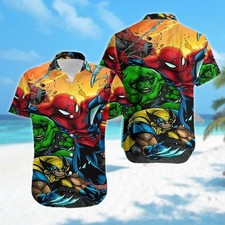 Spiderman Hulk Wolverine Hawaii Shirt, Superhero Cartoon Characters Button Up