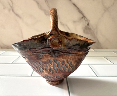 Brown Ceramic Basketweave Basket With Handle Glazed Pottery
