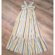 Listicle Boho Flowy Ruffle Halter Neck Maxi Dress Small Green Striped Earthy