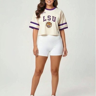 Mitchell & Ness LSU Tigers Cropped Yoke Tee Off White Purple SS11307-LSUOFWH L