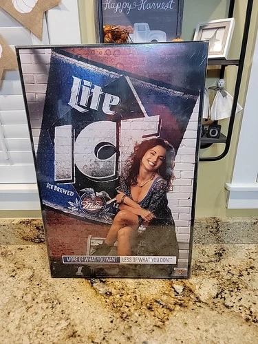 Vintage Miller LITE ICE BEER GIRL Wooden SIGN New Old Stock Still Shrink Wrapped