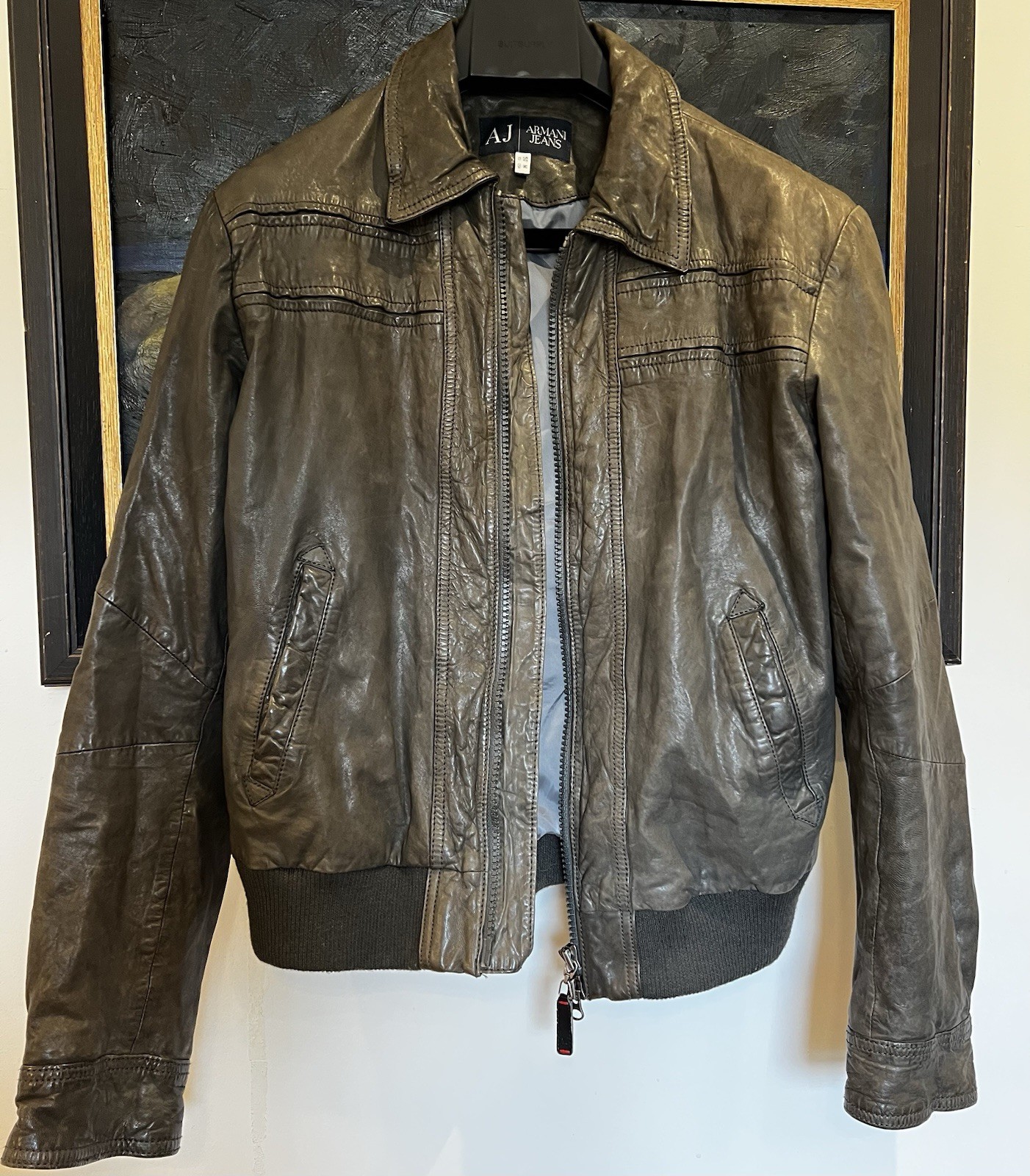 Armani Jeans Men Brown Lamb Leather Bomber  Jacket Made in Italy EU50/M