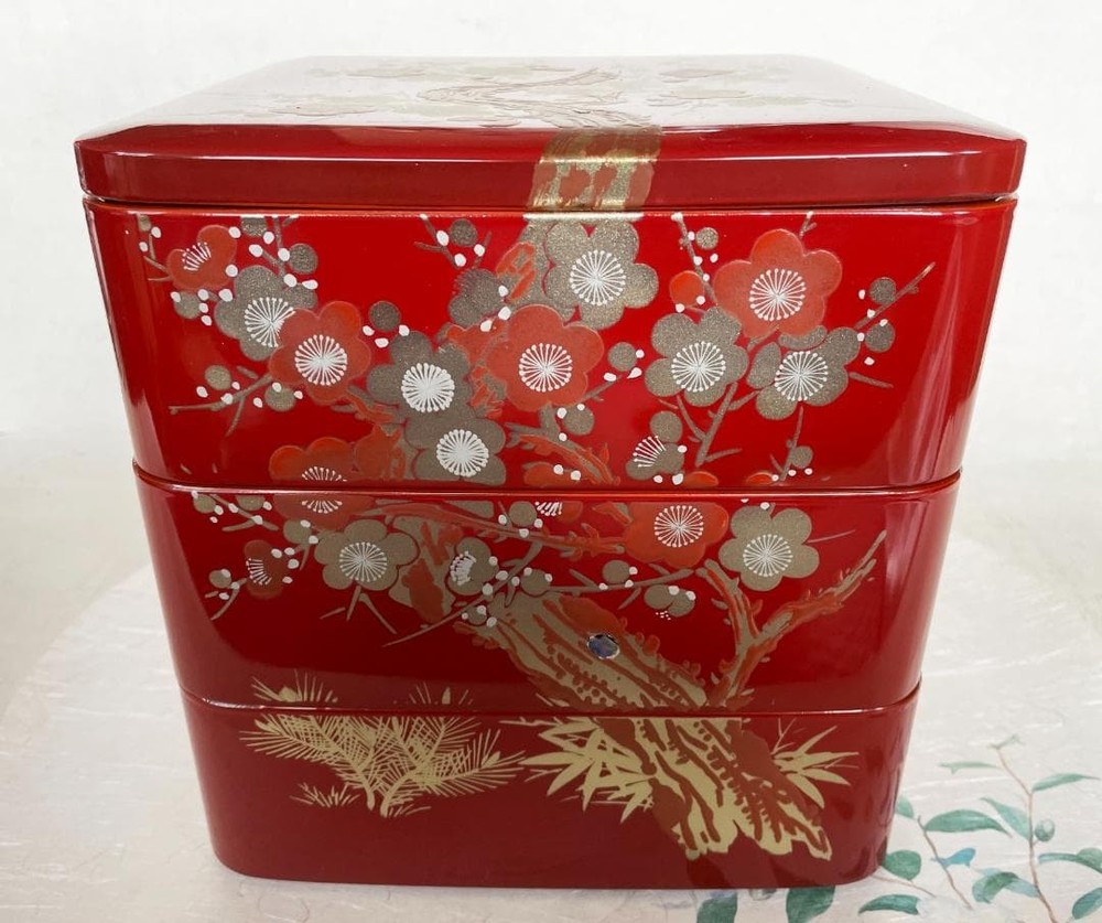 Jubako Bento Box Japanese Osechi Vermilion lacquered pine bamboo plum makie moth
