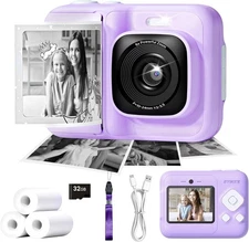 Kids Camera Instant Print Camera 1080P Digital Camera +3Rolls Print Paper Purple