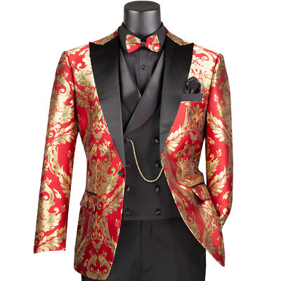 VINCI Men's Red & Gold Jacquard 3pc Modern Tuxedo w/ Bow-Tie - NEW