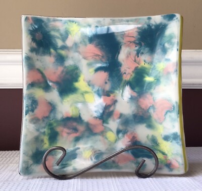Vintage Greek Mixaha Square Art Glass Plate, 8  X 8 
