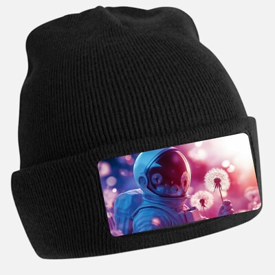 Black Cool Astronaut Print Beanie Hat - Unisex Cap, Cotton