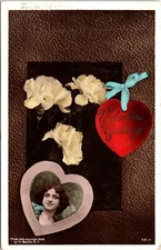 RPPC Real Photo Postcard Valentine's Greetings with Pretty Girl & Flowers