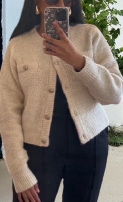 H&M Wool Blend Fitted Knitted ❤️ CREAM Bouclé Cardigan Top Jacket Sweater  sz S