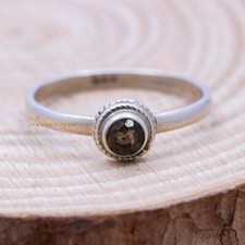 925 Sterling Silver Dainty Natural Round Smoky Quartz Engagement Ring Jewelry