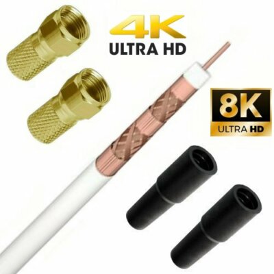 14m SatKabel Koaxkabel Weiß 135 dB + 2x F-Stecker 7mm vergoldet + 2x Gummitülle