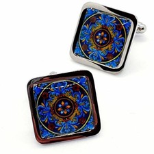 Unique 'AZURE' TILE CUFFLINKS vintage VICTORIAN wedding HANDMADE cuffs BLUE suit