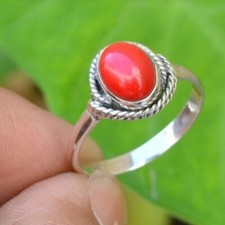 Natural Coral Gemstone 925 Sterling Silver Handmade Boho Ring All Size D-848