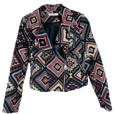 Vera & Lucy black red cream Aztec southwest tapestry cropped moto jacket small