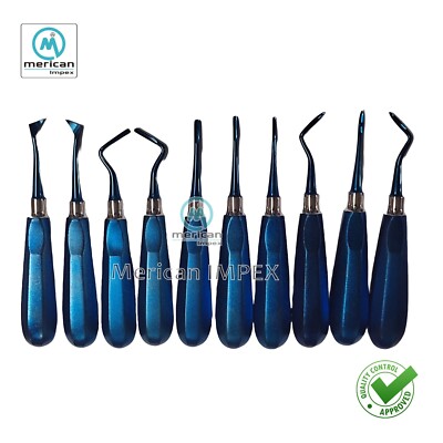 Dental Root Elevator Set of 10 Pcs Cryer Elevator Instruments Set Blue Titanium