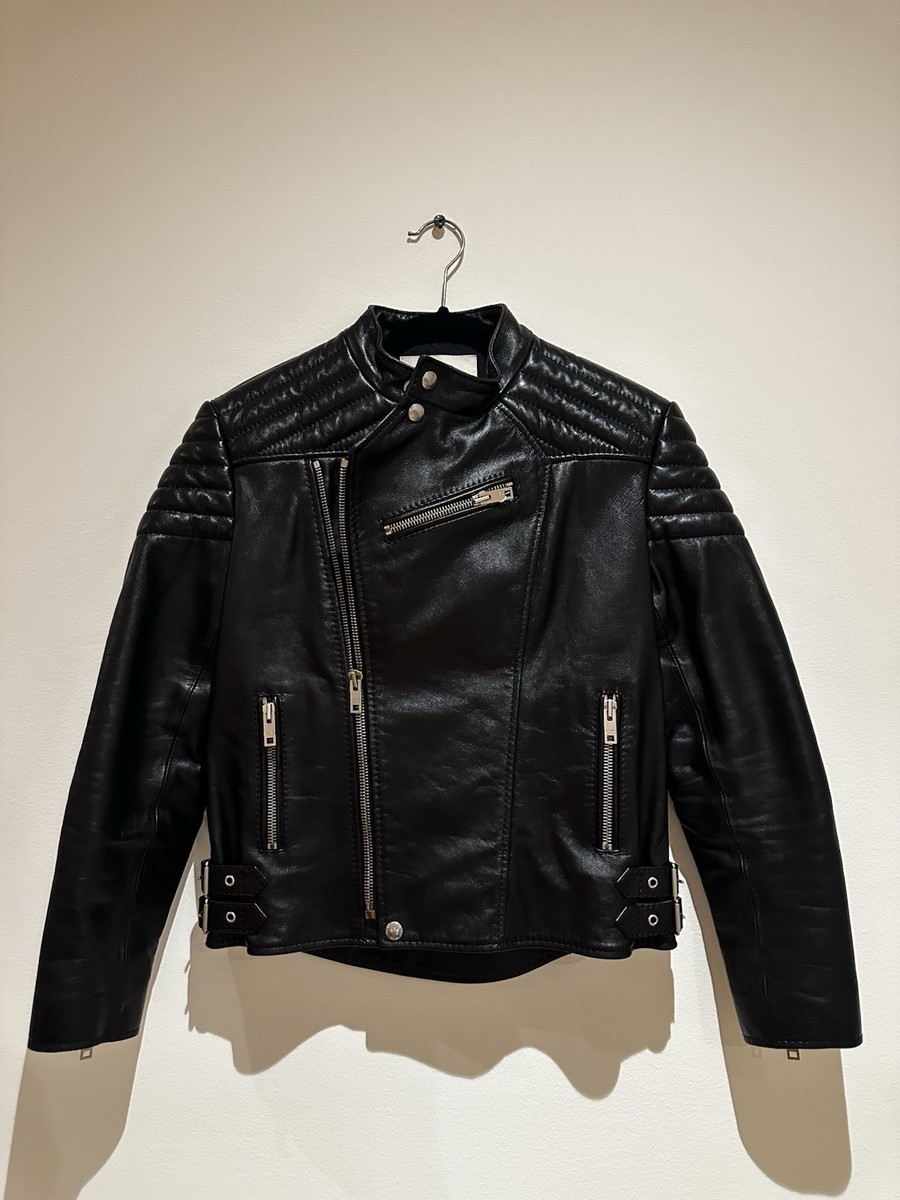 Celine Hedi Slimane AW19 Black Calfskin Leather Biker Jacket FR34