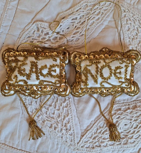 Handmade Christmas Ornaments Vintage Beaded NOEL and PEACE Victorian Set of 2
