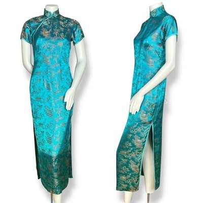 Vintage Cheongsam Qipao Dress Deadstock Peony Turquoise Blue Women Back Zip NWT