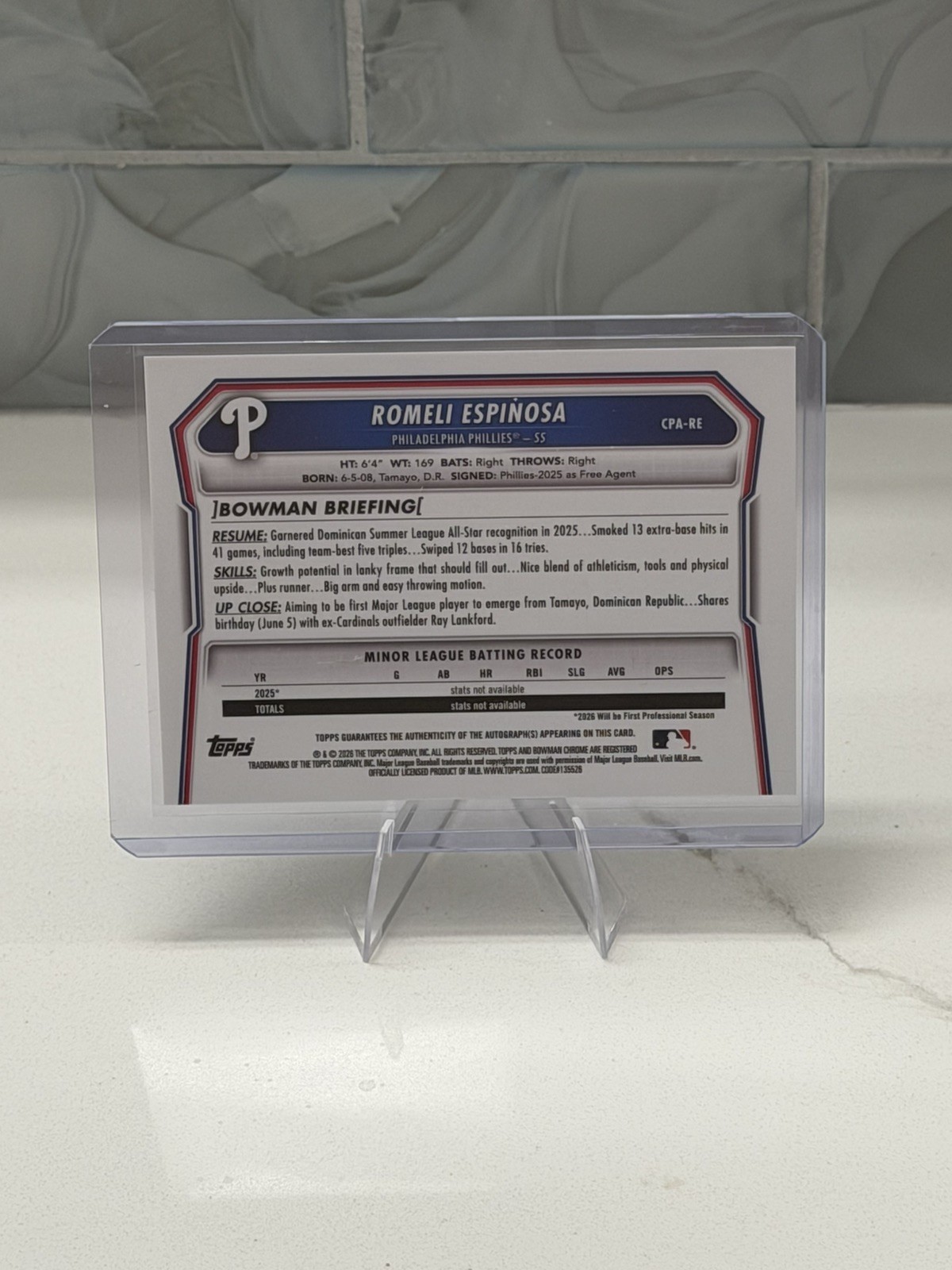 2026 Bowman Chrome Romeli Espinosa Speckle Auto/299 1st Bowman #cpaRE view 2