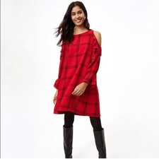 Ann Taylor LOFT Red Plaid Cold Shoulder Ruffle Sleeve Dress Medium