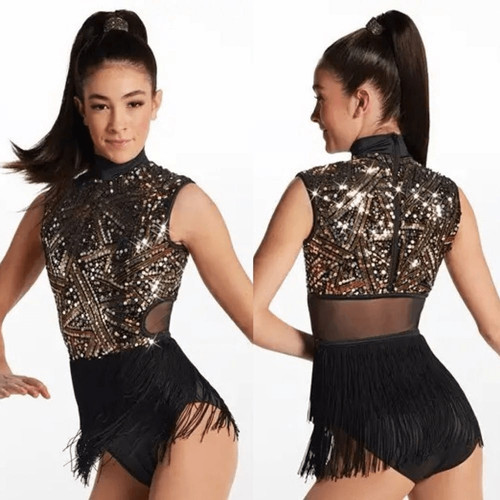 WEISSMAN Dance Costume flapper fringe Plain Fancy 13567 black gold MA Medium Adu
