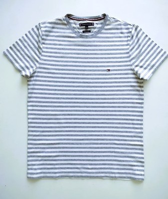 ***  TOP Herren Tommy Hilfiger T-Shirt grau weiß gestreift Gr. S Slim Fit  ***