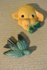 2 Vintage Bluebird Lamb Sheep Wall Hanging Chalkware Baby Nursery MCM