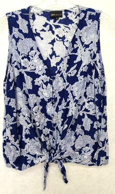 JNY Sleeveless Button Tie Front Blouse Blue White Floral Womens Medium Preppy