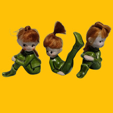 Vintage Napco Japan 3 Keramikfiguren  "Pixie Elfe mit roten Haaren" 50er Jahre