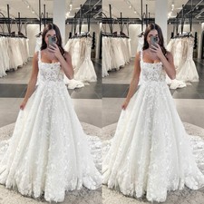 Boho Wedding Dresses Lace Flower Appliques A Line Sweep Train Bridal Gowns