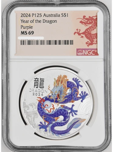 2024 Australia Lunar Series Year of the Dragon 1oz Silver Purple Coin NGC MS 69