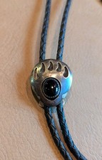 Vintage Sterling Silver Onyx Bear Paw Bolo Ti...