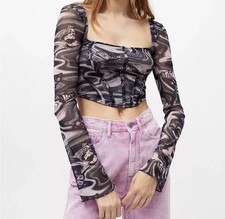Urban Outfitters Mesh Corset Top Marble Print Long Sleeve Size S Y2K