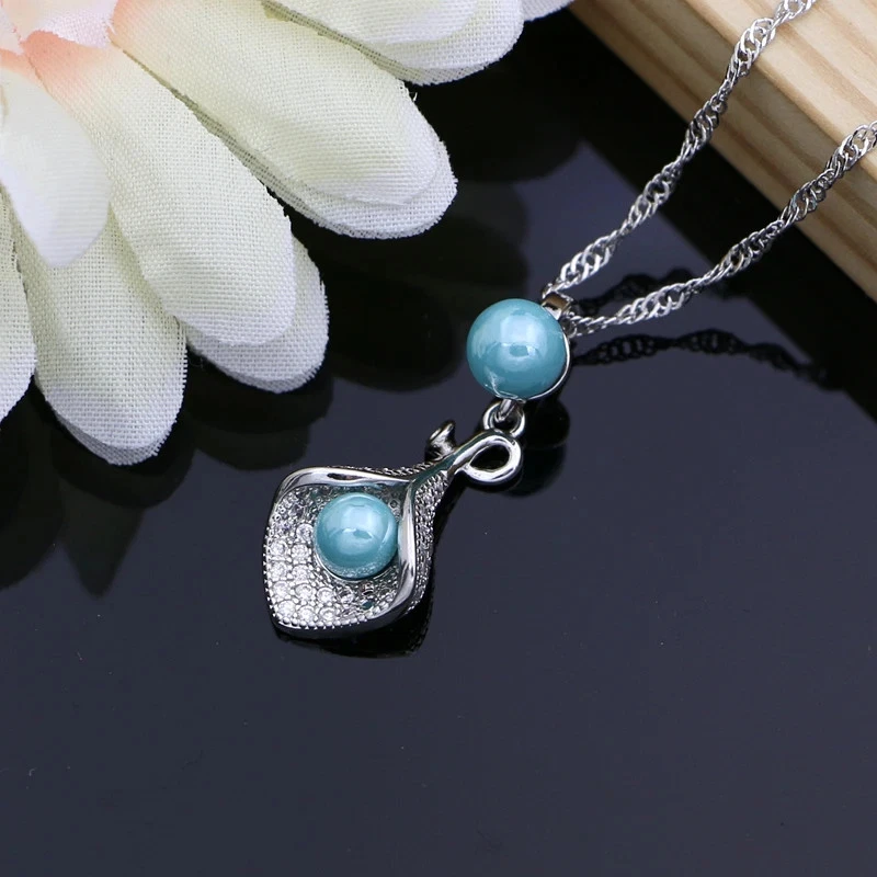 Set Di Gioielli Da Sposa In Argento Sterling 925 Con Corna Di Perle Blu, E - Immagine 3 di 4