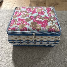 1960s Vintage Sewing Box Plastic Weave blue white beige with contents